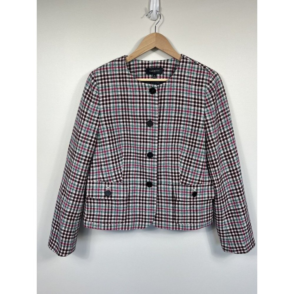 Talbots Blazer Womens 14 Pink Green Blue Houndstooth Collarless Wool Pockets